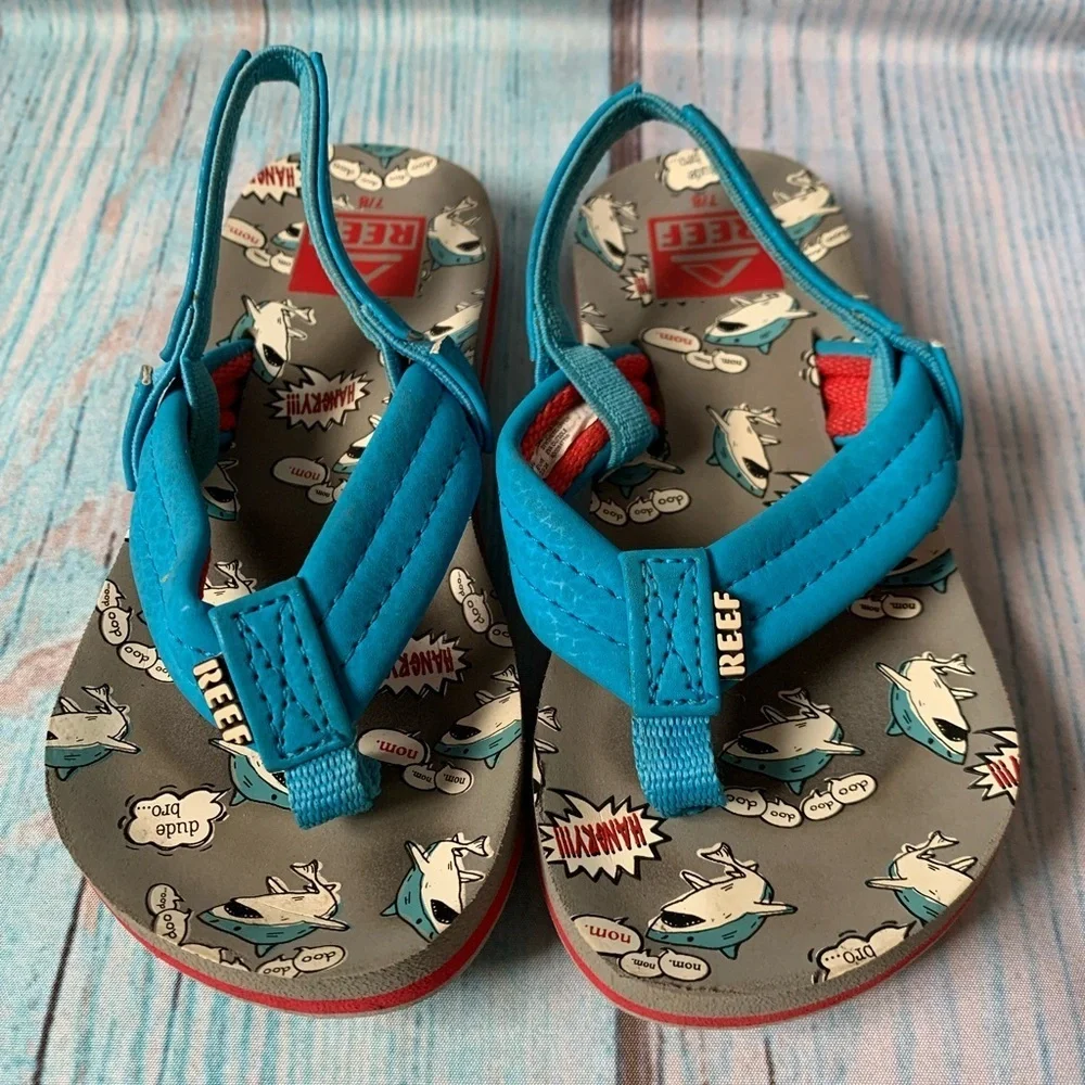 Reef Kids Blue Dinosaur Flip Flops